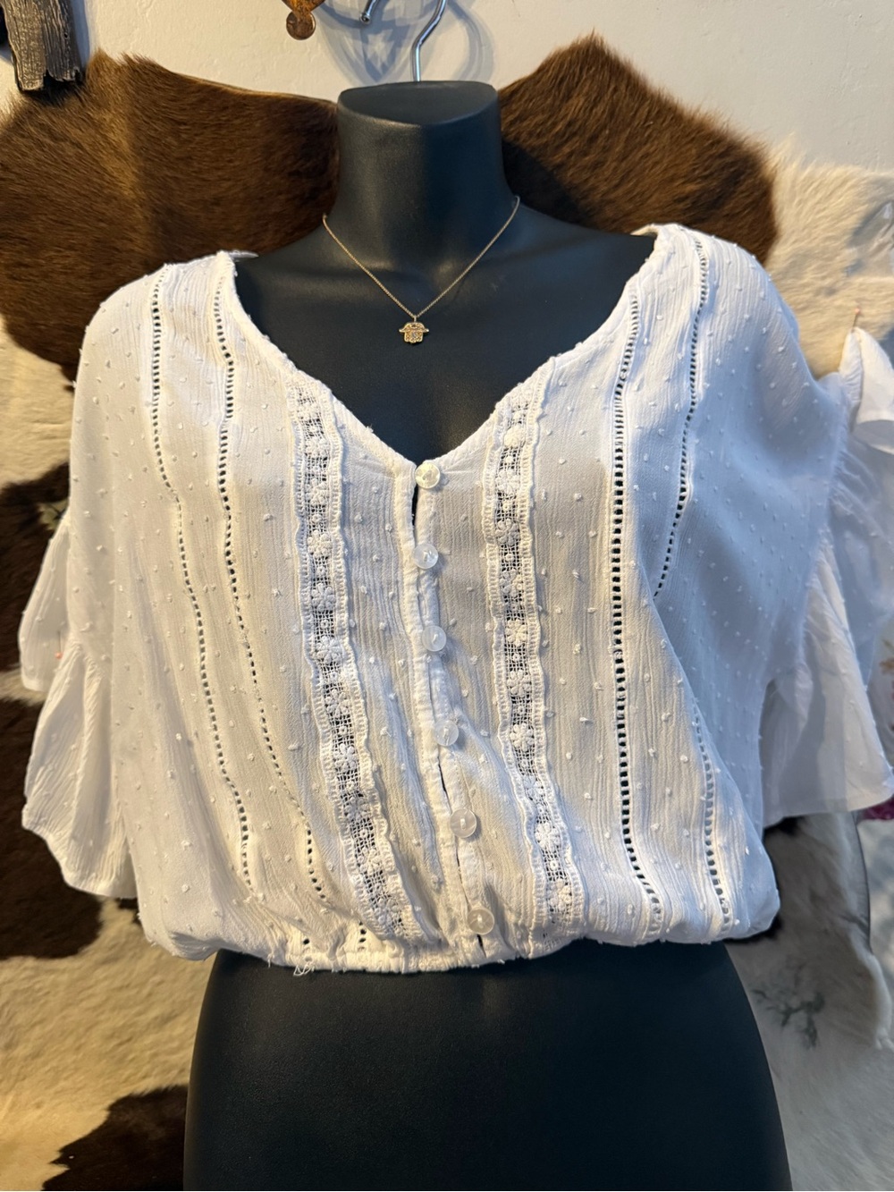 Forever 21 White Eyelet Button-Front Peasant Blouse